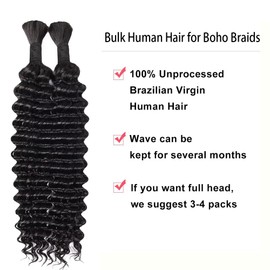 24 Inch Human Braiding Hair for Boho Braids Human Hair 100g 2 Bundles Deep Wave Bulk Human Hair for Braiding No Weft Curly Braiding Hair Bulk Hair Extensions Real Human Hair Natural Color