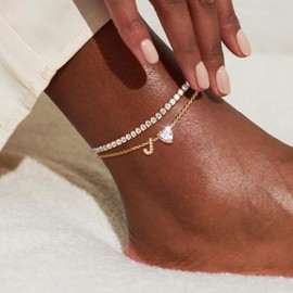 ABDOT Gold Initial Ankle Bracelets for Women Waterproof 14K Gold Filled Layered Anklets for Women Non Tarnish Women's Anklets Adjustable Large Ankle Summer Beach Foot Jewelry
