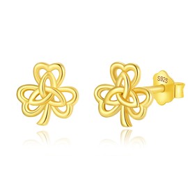 INFUSEU Shamrock Earrings Gold Studs Small Celtic Knot Clover Post Earring Irish Gifts Jewelry for Women Teen 925 Sterling Silver Tiny Cute