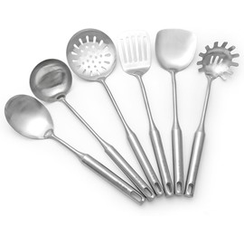 6 Pieces Cooking Utensils Stainless Steel Kitchen Utensils Set,304 Metal,Dishwasher Safe,Ergonomic and comfortable serving Utensils, Soup Ladle Spoon Turner Skimmer set