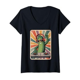 Womens Retro Cucumber DJ Cucumbers Sound Tech V-Neck T-Shirt