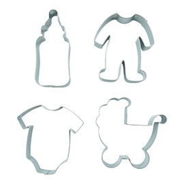 BekkiB 2464-Set of 4 "Baby" Cookie Cutters Baby Bottle, Baby Bodysuit, Pram, Romper - Dishwasher Safe Stainless Steel Cookie Cutters