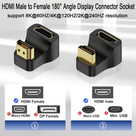 QIANRENON HDMI 2.1 U Shape Angle Display Adapter 8K HDMI 2.1 Male to Female 180° Angle Ultra HD Connector Socket 3D 8K@60Hz UHD2.1, for HDTV Laptop PC Monitor Projector,2Pcs (1 Positive+1 Reverse)