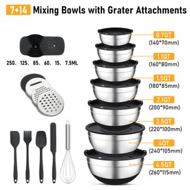 Unokit Mixing Bowls with Lids Set - 7 Pcs Stainless Steel Mixing Bowls with 3 Grater Attachments, Non-Slip Silicone Base Mixing Bowl Set for Kitchen