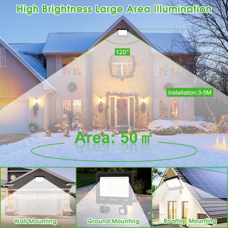 URTBST LED Spotlight with Motion Sensor Outdoor, 50 W, 5000