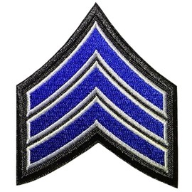 U.S. Army Sergeant E-5 Stripe Army Uniform Chevron Rank Sew on Iron on Arm Shoulder Embroidered Applique Patch - Blue on Black - by Ranger Return (RR-IRON-E5-BKBL)