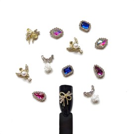 PUEEN 3D Nail Charms Wheel of 12pcs Resin & Alloy Rhinestones Nail Art Decoration Bow Flower DIY for Nails & Cell Phones (Style A) - BH001051