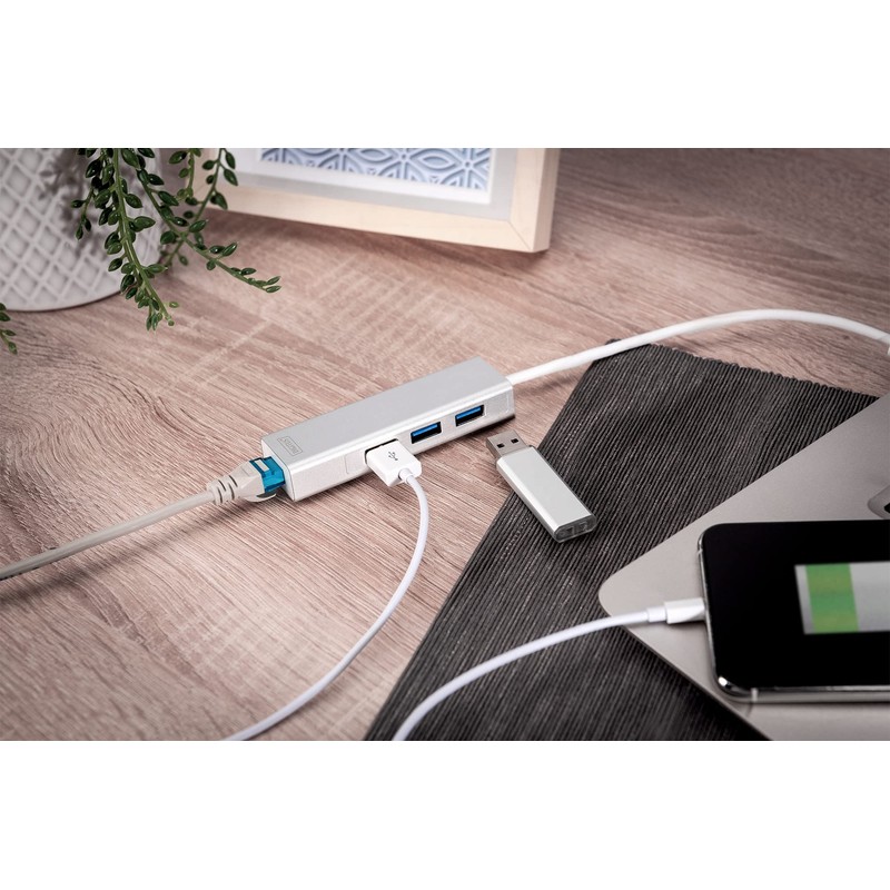 DIGITUS USB-Hub - 3 Ports - RJ45 Ethernet-Anschluss - Super-Speed