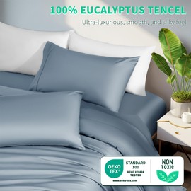 Shilucheng Tencel Sheets 4 Piece, 100% Eucalyptus Lyocell Sheets Set, Cooler Than Cotton and Linen, Summer Cooling Breathable Bed Sheets for Hot Sleepers, 16 Inch Deep Pockets (French Blue, King)