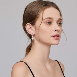 Pearl Earrings, Pearl Dangle Earrings Silver Pearl Earring for Women Sterling Silver Pearl Drop Earrings Pearl Leverback Earrings Pearl Hoop Earrings 8MM Women Pearl Earrings Dangling Han han