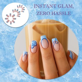 24PCS Blue Heart Press on Nails – Short Square French Tip with Blue & White Design – Fake Nails with Accessory Tools – Eco-Friendly Acrylic – Reusable Nail Tips Set for Women – Easy Daily Application