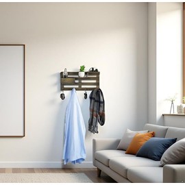 Owlgift Wooden Floating Shelves Key and Mail Holder for Wall, Mail Organizer Wall Mount with 4 Hooks and Storage Shelf, Easy Installation Key Rack for Entryway and Home Décor, Vintage Gray