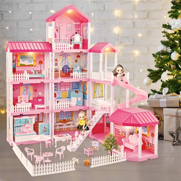 Elf Lab Dreamhouse Dollhouse Building Toys, Playset with Lights, Movable Slides, Stairs, Furniture, Accessories, Dolls, Pets, Cottage Pretend Doll House, DIY Creative Gift for Girls Toddlers(11 Rooms)