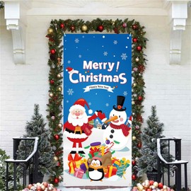 Christmas Door Banner Decorations, Blue Merry Christmas Door Cover with Cute Santa Claus Snowman, Happy New Year Door Sign Backdrop for Outdoor Winter Holiday Home Yard Garden Xmas Party Supplies