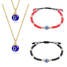 FIASASO 4Pcs Evil Eye Necklace Bracelets Set for Women Men Teen Evil Eye Jewelry Set Glass Leather Rope Chain Turkish Protect Lucky Necklace