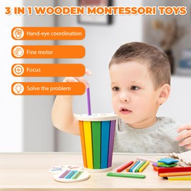 Pmueuff Montessori Toy from 1 Year, 3-in-1 Wooden Toy Children Colours Learning Sorting Game Montessori Toy from 1 2 3 Years Toddler Plug-in Game Sensory Toy Gift for Girls Boys