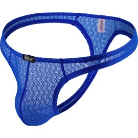 IKINGSKY Tanga de encaje transparente para hombre, ropa interior sexy con espalda en T, transpirable debajo de las bragas para hombre, Azul, Medium