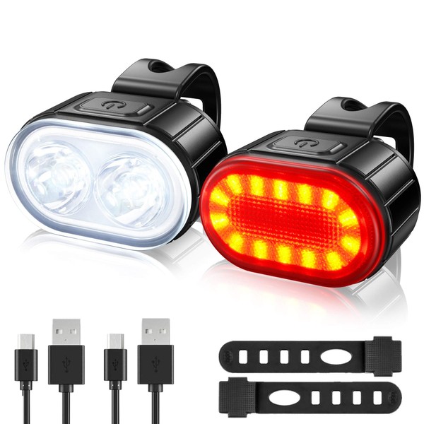 USB Rechargeable Bike Lights Set, Ultra Bright 2 LED Front and Back Rear Bicycle Light, IPX5 Waterproof Mountain Road Cycle Headlight and Taillight Set for Men Women Kids (4/6 Modes)