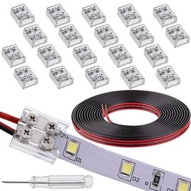 FSJEE 20 Pack LED Strip to Wire Connector and 16.4ft 20AWG Red/Black Wires,Transparent Solderless Connector by Screwdriver,Suitable for 2Pin 8mm Width PCB LED Strip Light