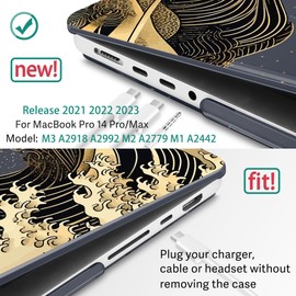May Chen Compatible with MacBook Pro 14 inch Case 2023 2022 2021 Release M3 A2918 A2992 M2 A2779 M1 A2442 Pro/Max, Plastic Hard Shell Case with Keyboard Cover & Screen Protector, Black Sea Wave