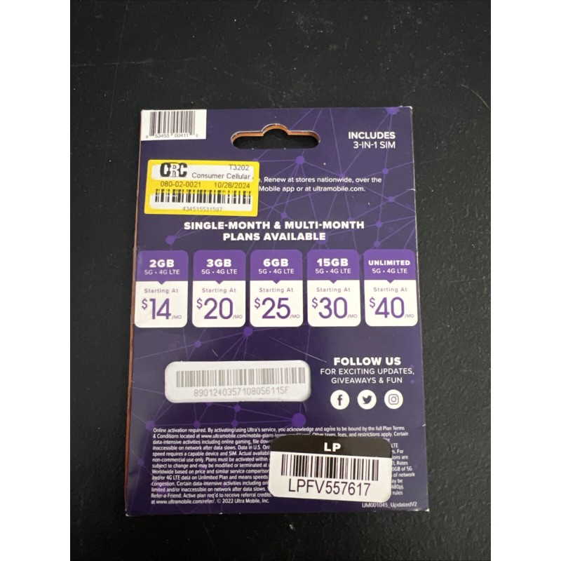 Ultra Mobile SIM Card Starter Kit BYOP Unlimited Talk &