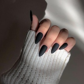 Matte Black Press on Nails Almond Shaped Nails Press ons, Medium Fake Nails Almond Acrylic Nails Glue on Nail Medium Length False Nail for Women Thick Natural Gel Stiletto 24Pcs