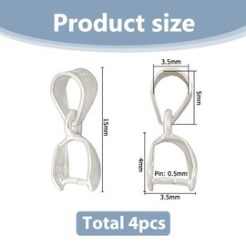 Hobbspring Pack of 4 925 Sterling Silver Clamping Eyelets 15 mm Long Snap Closure for Necklace Pendants Silver Connectors Ice Clip Clasps for Dangling Necklaces DIY Crafts