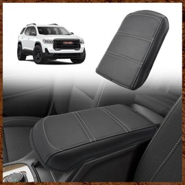 Muslogy for Acadia 2017-2023 Center Console Pad Armrest Cover Vegan Leather Cushion Pad Accessories Armrest Lid Protector Extra Soft Compatible with GMC Acadia 2023 2022-2017 (Black/White Trim)
