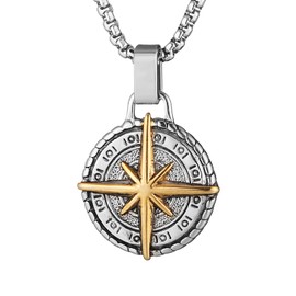 HZMAN Viking Nautical Compass Necklace for Men Stainless Steel Vintage Sailor Vegvisir Compass Amulet Jewelry Gift with 24 Inch Chain, Stainless Steel, No Gemstone
