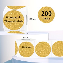 YEGAWEN 2" Holographic Thermal Label Stickers, Round Direct Thermal Label Stickers, Glitter Thermal Printer Sticker Labels for Gift Wrapping, Self-Adhesive Custom Logo Design- Glitter Gold