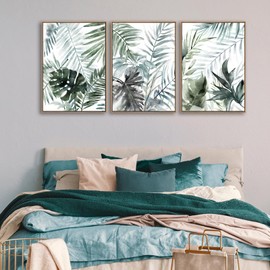 Large Framed Canvas Wall Art - Natural Float Framed Tropic Leaf Pictures Wall Art Prints for Living Room Decor Green Plants Artwork for Bedroom Kitchen Home Office Decoration 60" X 28" Set of 3