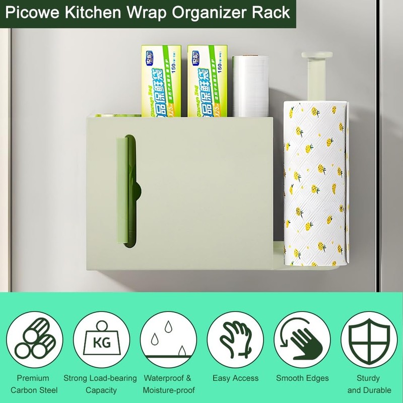 Picowe Wall Mount Kitchen Wrap Organizer Rack, Metal Aluminum Foil