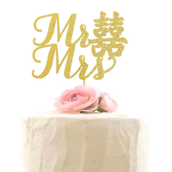 Decoración para tarta con texto en inglés «Mr & Mrs with Chinese Asian Xi» – Decoración tradicional china para bodas y fiestas (purpurina dorada)