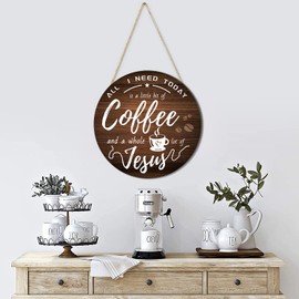 HMASYO Coffee Signs Decor for Coffee Bar, All I Need Today is A Little bit of Coffee and A Whole Lot of Jesus, Rustic Wood Coffee Bar Signs for Home, Office, Cafe, Coffee Station, 12'' x 12''