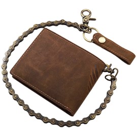 myledershop Echt Büffel-Vollleder Geldbörse/Geldbeutel/Portemonnaie/Portmonee in Hoch- oder Querformat mit Metallkette und Totenkopf-Motiv mit RFID & NFC Schutz in Braun (Modell 2 / Querformat)
