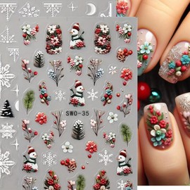 2 Sheets Christmas Nail Art Stickers 5D Embossed Nail Decals Christmas Snowflake Snowman Floral Exquisite Embossed Design Winter Xmas Nail Sticker for Women Nail Art Manicure Decoration