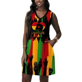 Womens Sleeveless June 19th Dress African Cultural Freedom Hands Outfit V-Neck Summer Dresses with Pockets S