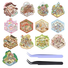 13 Sets DIY 3D Sticker Scene with Tweezers, Isometric Sticker Scenes for Adults, Make Your Own House Shop, Reusable Small Cute Scrapbook Supplies for Relief Stress Pass The Time (13 Scenes)