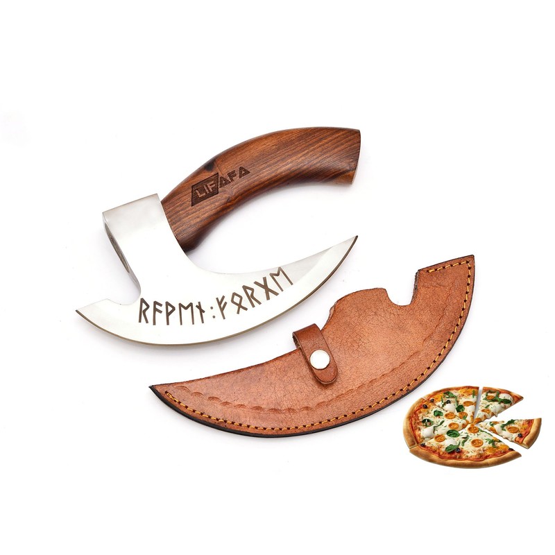 LIFAFA Handmade Viking Pizza Cutter Beautiful Axe with Unique Leather