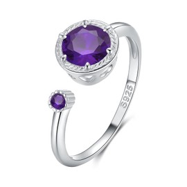 February Birthstone Rings Sterling Silver for Women - Presentski Dainty Round Purple Amethyst Gemstone Open Adjustable Ring Birthday Jewelry Gift for Wife Mom Girls