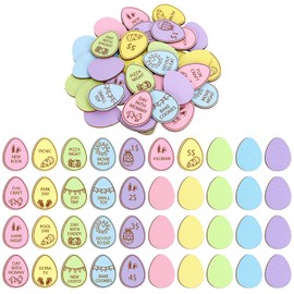 FYSUIMU 40 Pcs Easter Egg Tokens Wooden Easter Egg Fillers Pastel Colors Easter Stuffers with 27 Different Engraved Sayings Easter Prizes Stuffers Coins for Spring Home Classroom Games Activity Reward