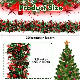 CEWOR 20 Feet Christmas Tinsel Garland for Christmas Tree Decorations, Red and Green Tinsel Garland Holiday Decor for Outdoor or Indoor Use, Wedding Birthday Party Supplies