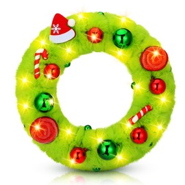 VIHOSE Lime Green Red Christmas Wreath for Front Door Furry Fur Pre Lit 13.7inch Christmas Door Wreath LED Light Decorations with Mini Christmas Ball Hat for Window Fireplace Wall Party Decor