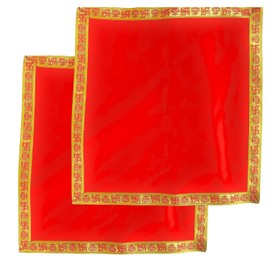 NAISHA Red Pooja Aasan Mat (Set of 2) 15" X 15" Velvet Puja/Altar Cloth Mandir, Multipurpose Pooja Decorations Keeping Accessories of Temple, Chowki, Slab Article. Swastik Border