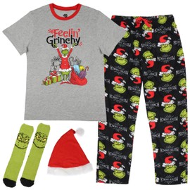 Dr. Seuss The Grinch Men's Feelin Grinchy 4-Piece Adult Holiday Lounge Sleep Gift Set with Pants T-Shirt Hat Socks (Small)