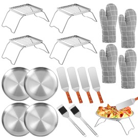 Teenyyou 18 Pcs Pizza Pan Set Includes 4 Stainless Steel 12 Inch Pizza Pans, 4 Metal Pizza Table Stands, 4 Wooden Handle Pie Servers, 4 Oven Mitts, 2 Cleaning Spatulas Pizza Tray for Dessert Cheese