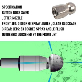 Hourleey Sewer Jetter Kit for Pressure Washer 200FT, 4000 PSI Drain Cleaner Hose 1/4 Inch NPT, Corner Rotating and Button Hose Sewer Jetting Nozzle Pearl Corsage Pin Tape Handle Strap Spanner, Green