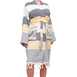 Luxury 100% Turkish Cotton Bathrobe for Men & Women, Soft Waffle Robe, Absorbent & Lightweight, Perfect Size(L, Yellow Black)