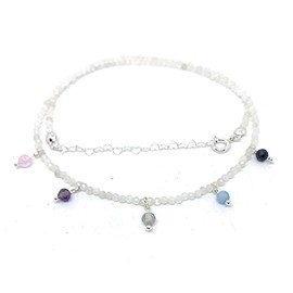 2 mm thick natural moonstone choker with small pendants in 925 sterling silver, length 40 cm and heart chain up to 45 cm