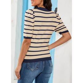 Dokotoo Womens Tops Casual Spring Summer 2024 Collared T Shirts V Neck Blouse Dressy Puff Short Sleeve Shirts Knit Tops Apricot Blue Stripes Shirts for Women Business Casual Polo Shirts Stripe XL